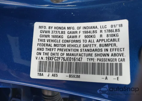 2018 Honda Civic Ex z USA, uszkodzony, nr VIN 19XFC2F76JE016147